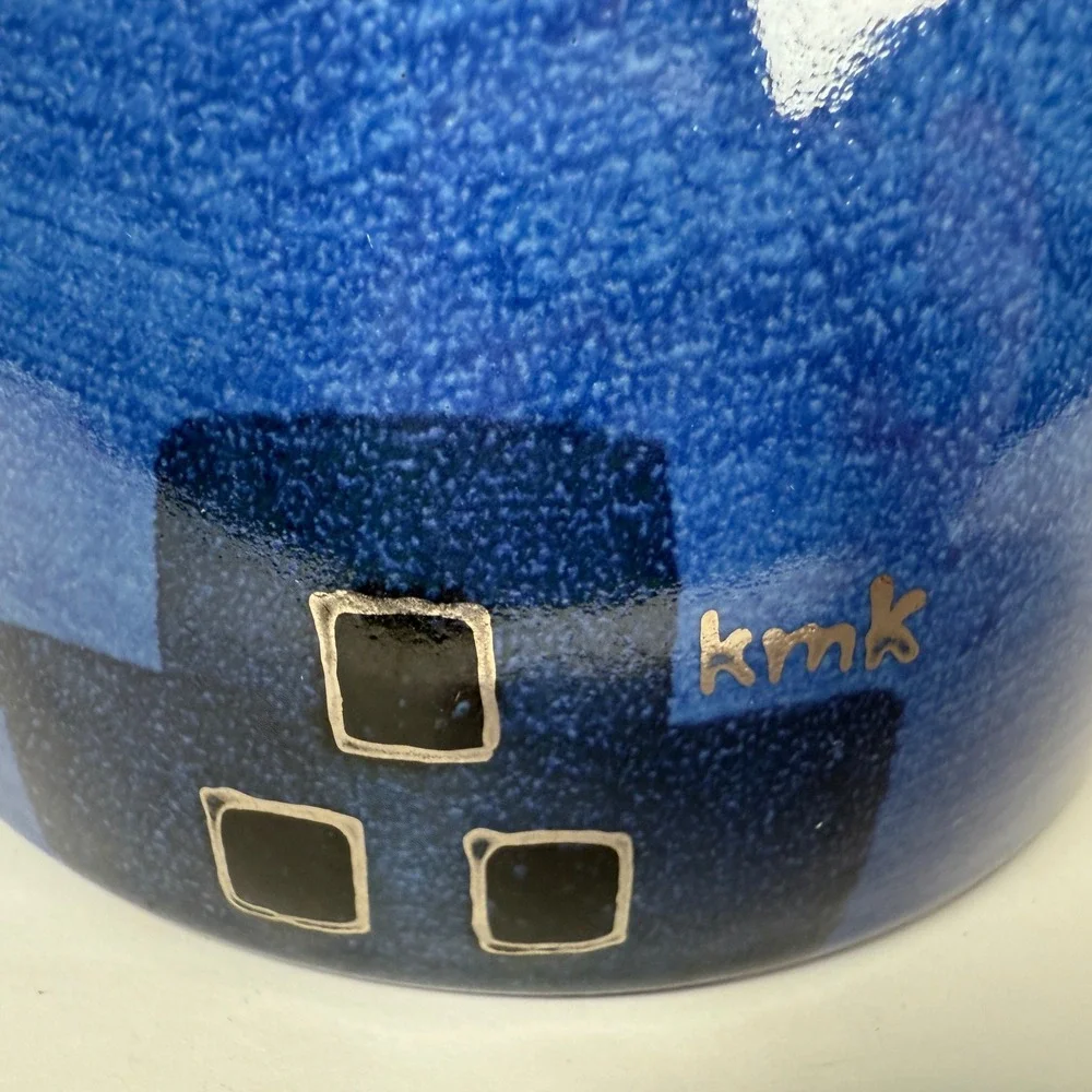 KMK Keramik Candle Holder Blue West German Pottery geometric signed mid-century